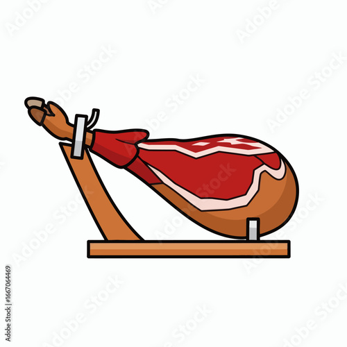 Cartoon illustration of a cured ham partially cut displayed on a wooden stand against a white background