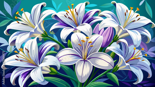 Cluster of lilies with white petals and purple centers radiates graceful beauty, semi-realistic vector expression capturing floral delicacy, timeless abstraction merging color and symmetry in elegant 