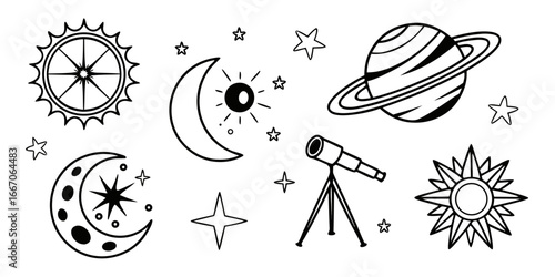 Celestial Objects and Telescope Illustration