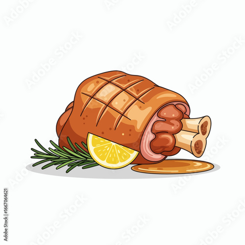Cartoon roasted pork knuckle with exposed bones garnished with a lemon slice and rosemary sprig with gravy