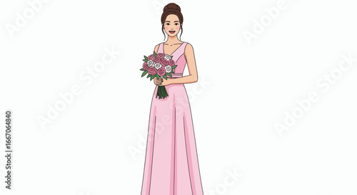 Cartoon woman in pink dress with bun holding a pink and white floral bouquet smiling