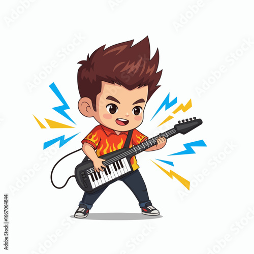 Chibi boy with spiky hair plays a keytar wearing a flame shirt surrounded by blue and yellow lightning bolts