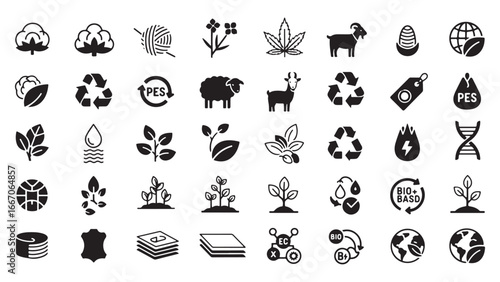 Material composition label glyph icon set. Vector pictograms of cotton, wool, silk, hemp, alpaca, cashmere, goat, textile, organic, natural, black sign silhouette illustration.