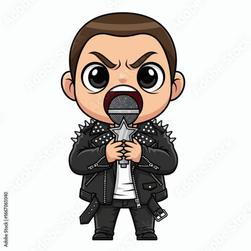 Chibistyle male character in a spiked leather jacket angry expression mouth open holding a staremblazoned microphone