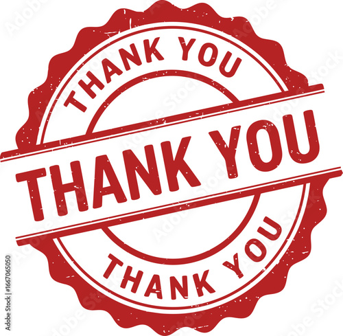 A red thank you stamp on a transparent background with a banner across it