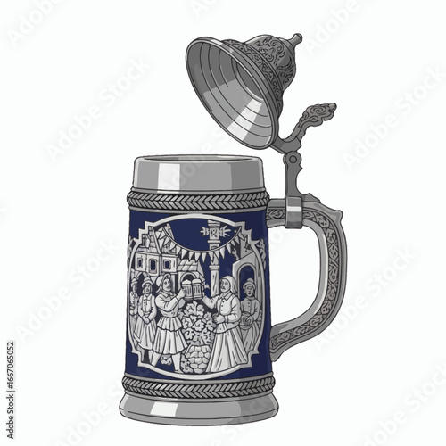 Detailed illustration of a beer stein with a dark blue body silver metallic accents and an embossed festive village scene Lid is open