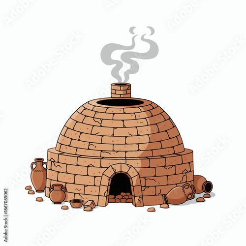 Domeshaped brick kiln emitting smoke surrounded by various clay pots fragments and rocks