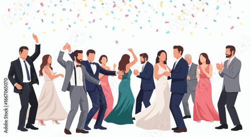 Diverse group of formally dressed people dancing and celebrating with colorful confetti falling on a white background