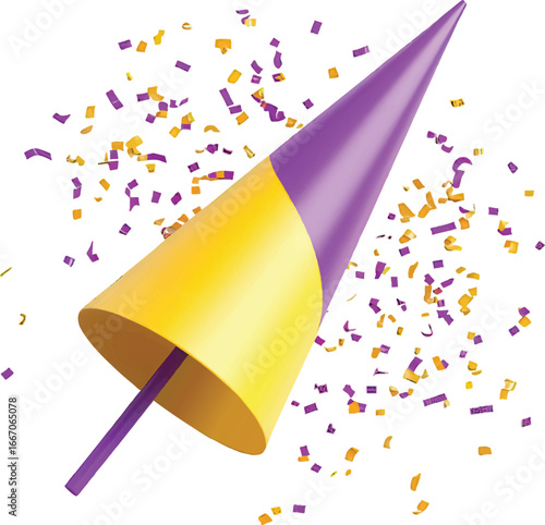 Purple and Yellow Party Popper Exploding with Confetti on White Background celebration festive