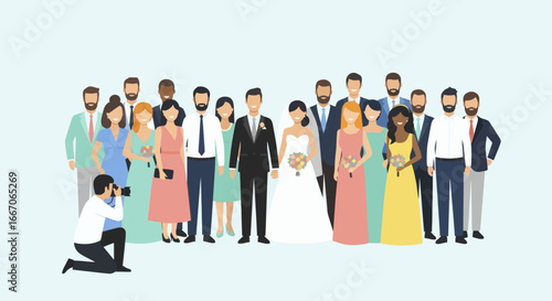 Flat vector illustration of a diverse wedding party and photographer against a light blue background