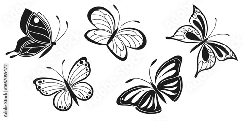 Collection of Five Stylized Black and White Butterfly Silhouettes