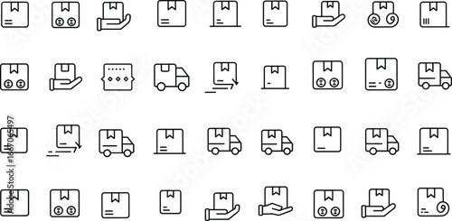 Parcel delivery outline icon set, shipping box symbols, courier service, logistics, cargo transport, package distribution, supply chain, express delivery vector
