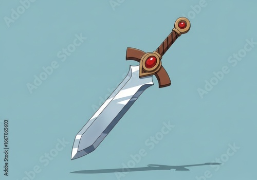 Illustration of a cartoon fantasy sword with a silver blade and red jewels isolated on white background