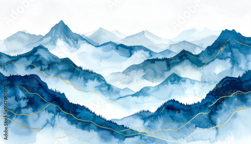 Minimal watercolor landscape painting with layered blue mountains