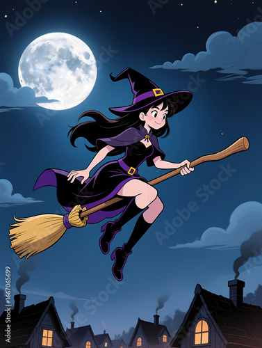 cartoon witch in hat flying on broom to sabbath in night sky with full moon in background.