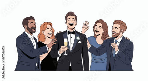 Illustration of five formally dressed people three men and two women laughing with the central man holding champagne