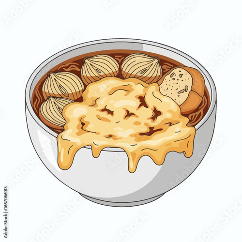 Illustrative bowl of French onion soup with caramelized onions bread and melted cheese dripping over the edge