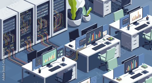 Isometric view of a data center and office space with server racks workstations displaying graphs and office furniture