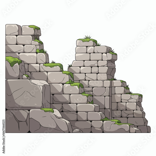Light grey stone ruin constructed from blocks of varying sizes covered with green moss and grass pixel art style