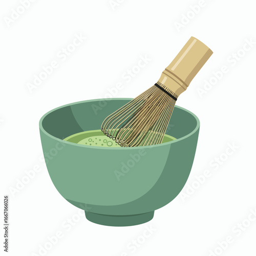 Light green bowl filled with matcha tea being whisked by a natural bamboo chasen creating froth