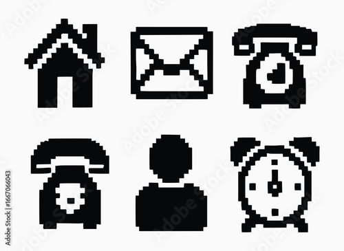 Pixel Art. Contact. Icon Set. A retro 8-bit monochrome vector collection of business and contact icons for a website, an app UI, a game menu, or a creative business card design asset.