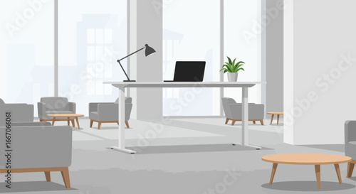 Modern bright office lounge with white desk laptop plant and lamp Grey armchairs and wooden coffee tables fill the space backed by large windows