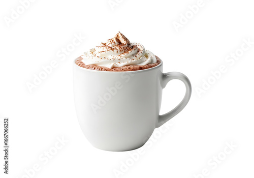 A close-up view of a mug of hot chocolate, topped with a generous swirl of whipped cream and sprinkled with cocoa powder, against a pure black background.