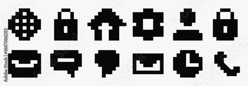 Pixel Art. UI. Icon Set. A retro 8-bit monochrome vector collection of user interface icons for a website, an app design, a game menu, or a nostalgic 80s-themed graphic project.