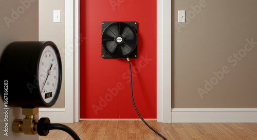 Blower door test measuring building airtightness