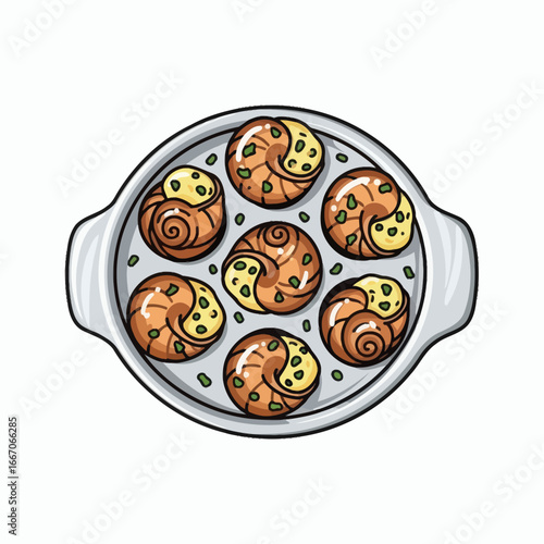 Overhead view of six escargot in a white dish topped with yellow butter and green herbs