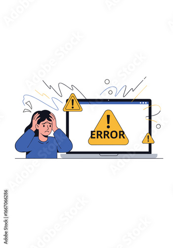 Frustrated woman experiencing critical system failure and computer error alerts
