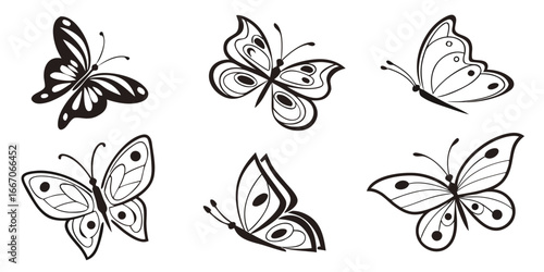 Collection of Six Stylized Black and White Butterfly Illustrations