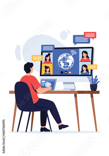 Engaging in virtual team meetings through online communication platforms for collaborative projects