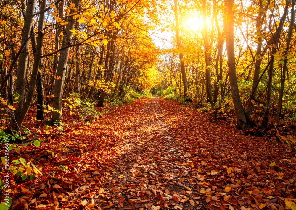 Fototapeta premium Golden Autumn Forest Path Perfect nature background for seasonal, travel, and landscape projects.