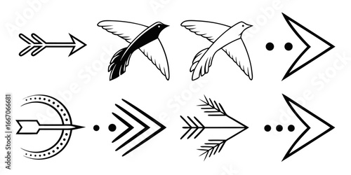 Collection of Stylized Arrows and Birds in Black and White