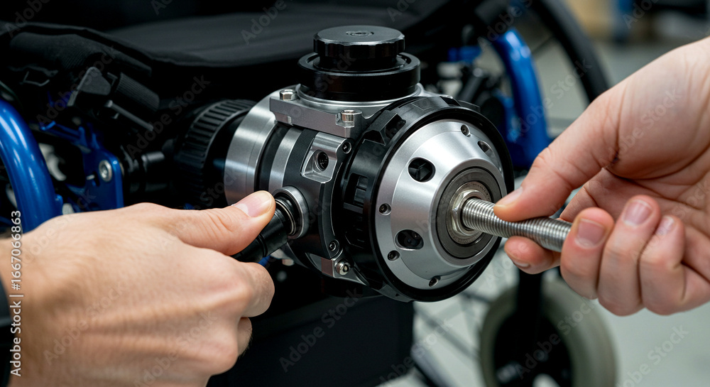 Obraz premium Hands assembling motor unit on wheelchair frame