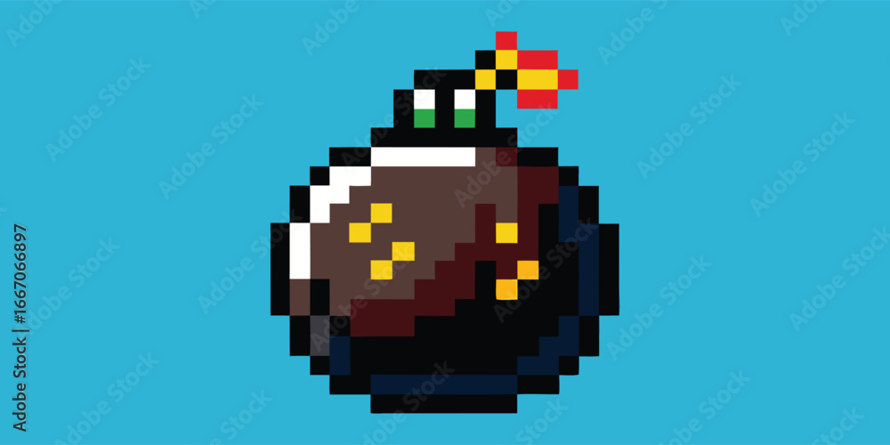 Fototapeta premium Pixel Art. Bomb. Game Asset. A detailed 16-bit vector icon of a classic round bomb with a lit fuse for a retro video game UI, a gamer t-shirt, or a nostalgic arcade-style design.