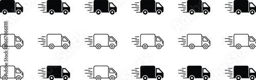 Fast delivery truck icon set, express shipping van, courier logistics symbol, quick transport vehicle, online shopping speed service design