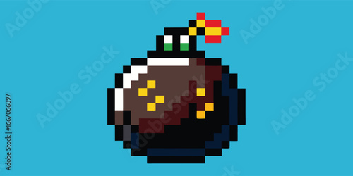 Pixel Art. Bomb. Game Asset. A detailed 16-bit vector icon of a classic round bomb with a lit fuse for a retro video game UI, a gamer t-shirt, or a nostalgic arcade-style design.