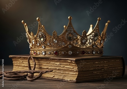 A golden crown adorned with jewels rests atop an old book, evoking a sense of history, royalty, and timeless elegance