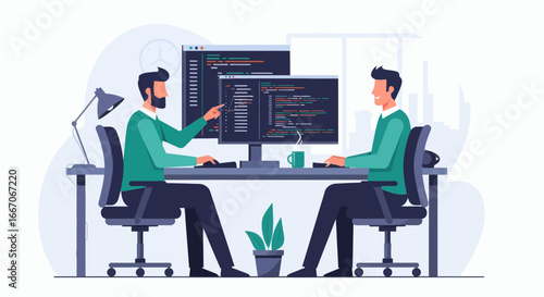 Two men in an office sit at a desk with dual monitors displaying code one points at a screen Desk lamp plant mug