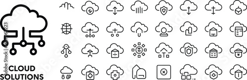 Cloud computing solutions icons, data storage, upload and download symbols, secure cloud technology, networking, database, and digital connectivity illustrations
