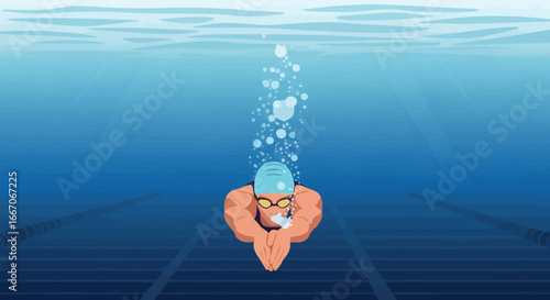 Underwater view of a swimmer in a blue cap and yellow goggles exhaling bubbles with light rays and lane lines