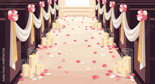 Wedding aisle with candles rose petals and draped fabric on pews leading to stairs