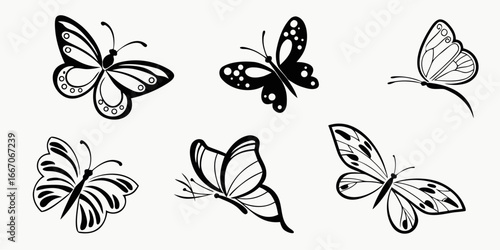 Collection of Stylized Black and White Butterfly Silhouettes