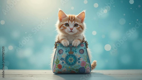 Cute ginger and white kitten sits in blue patterned handbag on fabulous background filled with soft bokeh at midday
