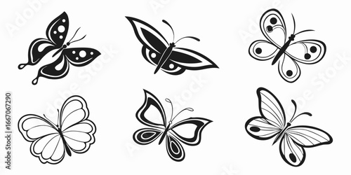 Collection of Stylized Black and White Butterfly Silhouettes