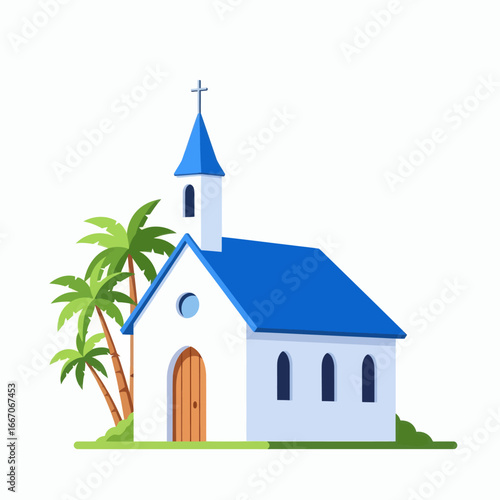 White church with blue roof and steeple with a cross three palm trees and green foliage