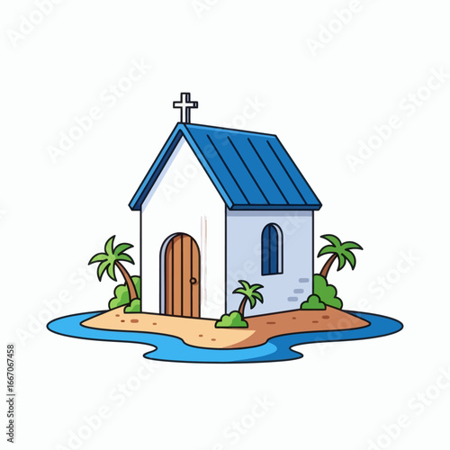 White cartoon chapel with blue roof cross and arched door on a sandy island with palm trees and blue water