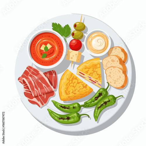 White round plate filled with various Spanish tapas ham omelette peppers tomato soup olives cheese bread and sauce